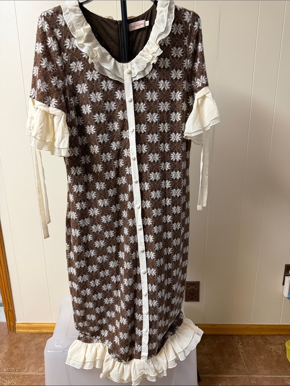 Ivy City Co Brown Floral Button-Front Midi Dress with Cream Ruffles